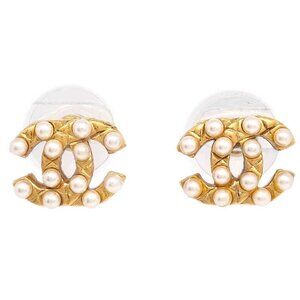 Chanel Piercing Earrings Gold CC Artificial Pearl 03A 195356